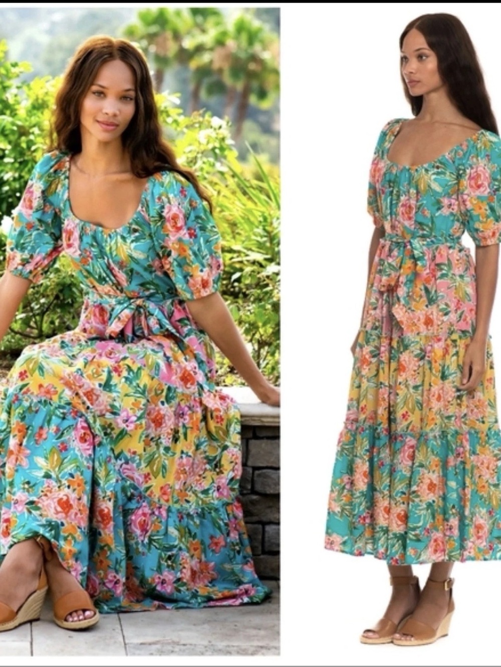 Tolani Dress Maxi Floral Rose Tiered Puffy Sleeves Anna Bermuda Lined Size Lg